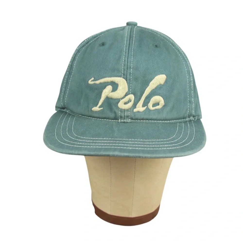 VTG Polo Ralph Lauren Cursive Font Emb Logo Leather Strap Hat Adult OS Green EUC